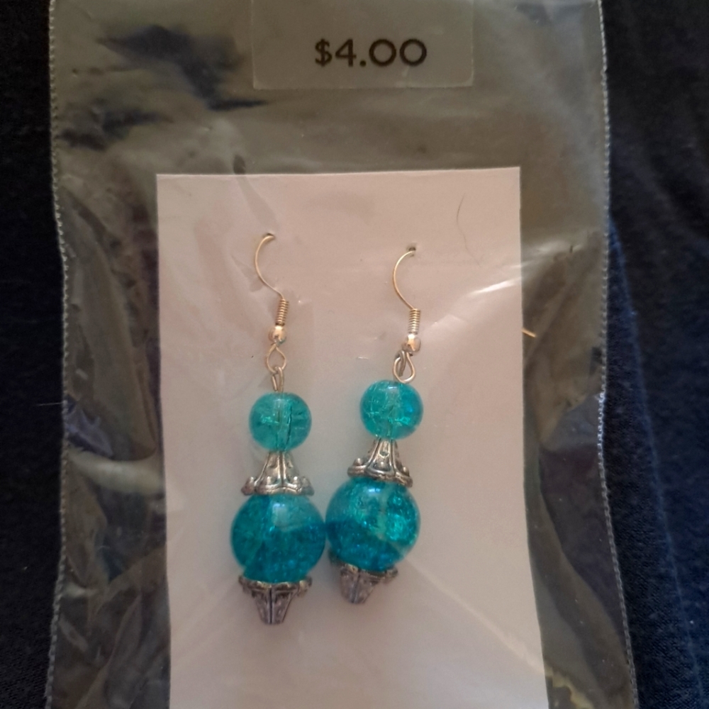 Homemade teal and gem drop earrings